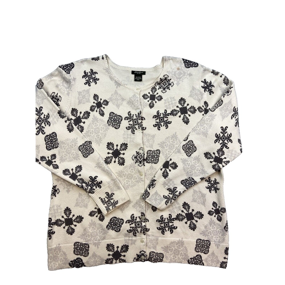 Eddie Bauer Sweater Womens XXL Ivory Black Snowflake Print Button Cardigan‎